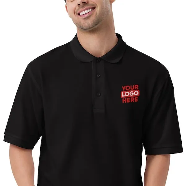 Happy man wearing a corporate polo shirt that has been embroidered with a company logo to represent products available in Las Vegas and the surrounding Vegas.